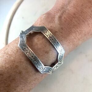 Antique Sterling Silver Bracelet Floral Engraving Stainless Steel Band